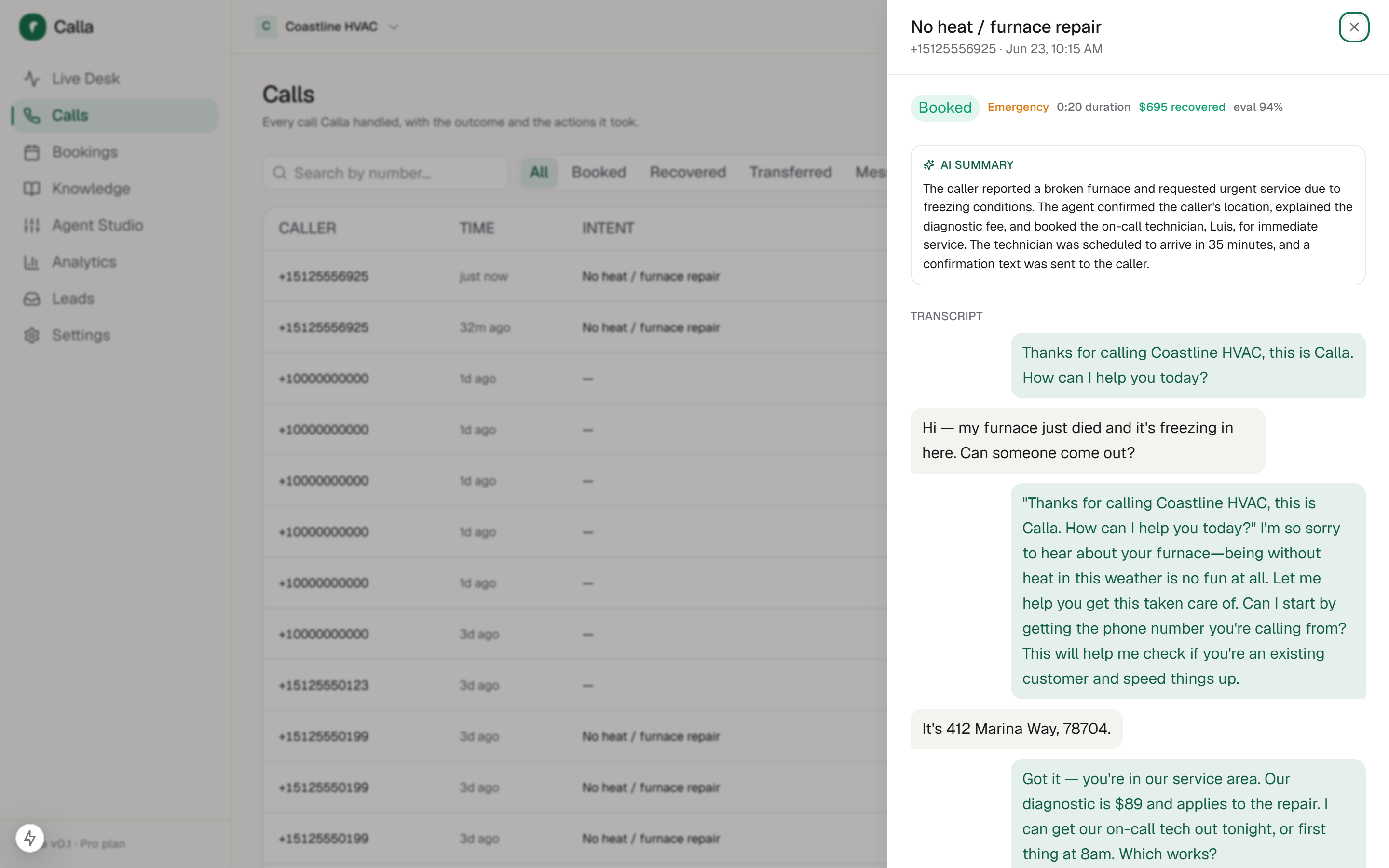 A booked emergency call in Calla: AI summary, full transcript, $489 recovered, eval score 94%