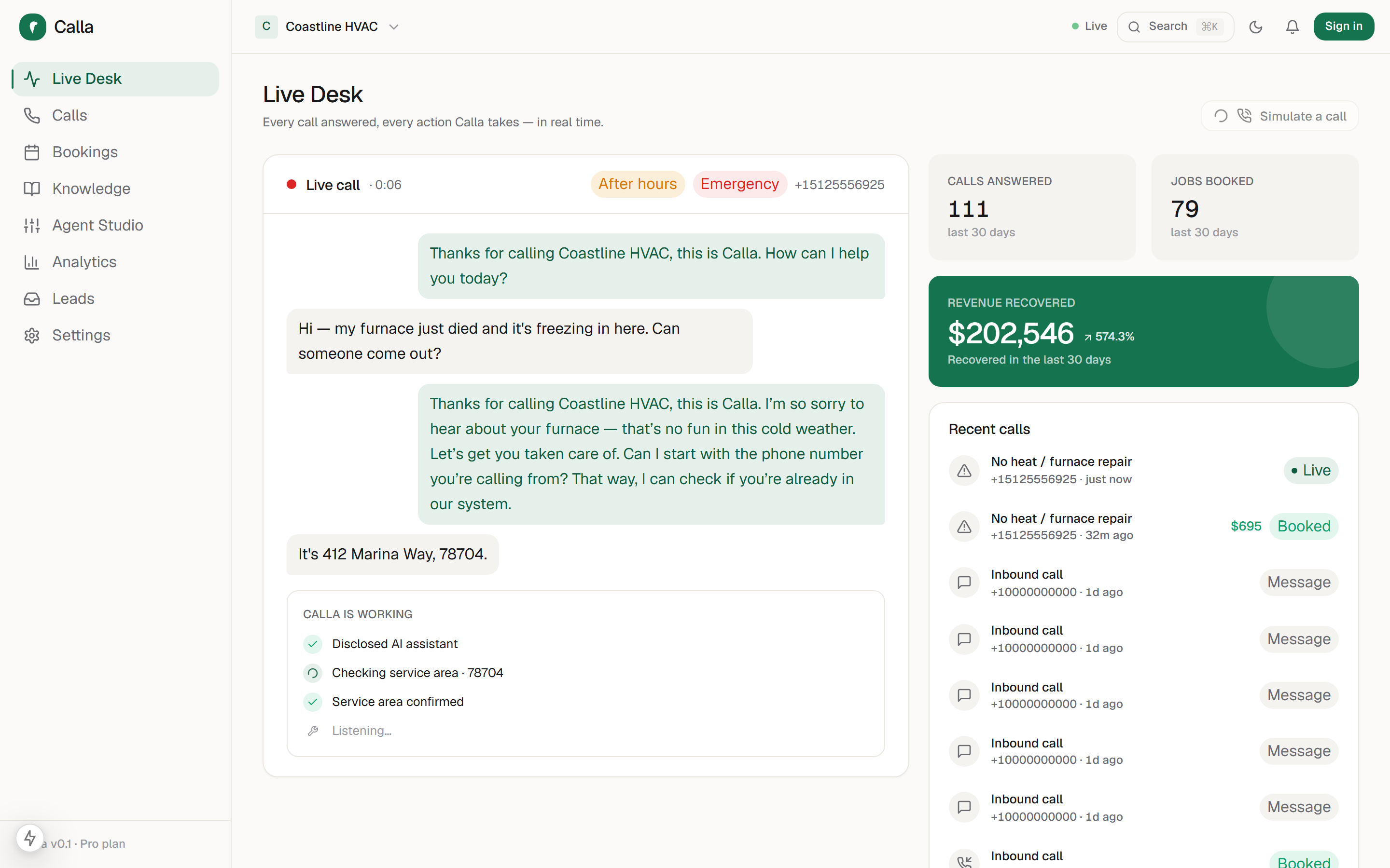 Calla answering a live appliance repair call — triaging and booking the job in real time
